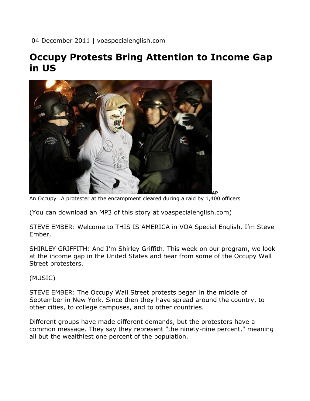 Occupy Protests Bring Attention to Income Gap in US