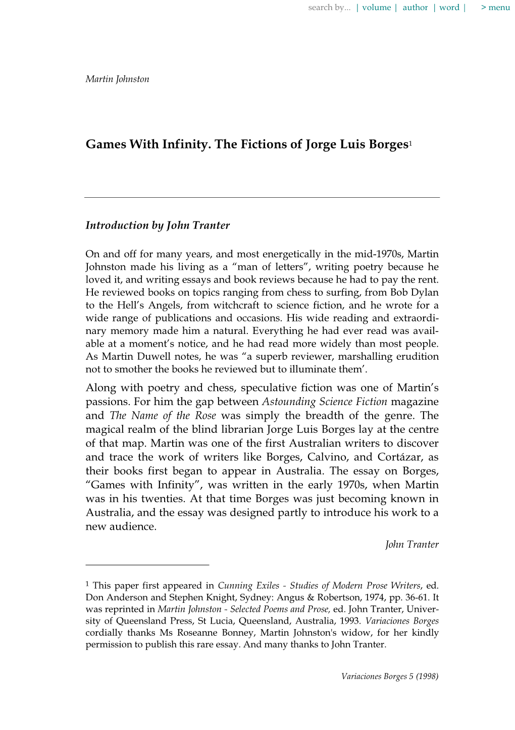 Games with Infinity: the Fictions of Jorge Luis Borges