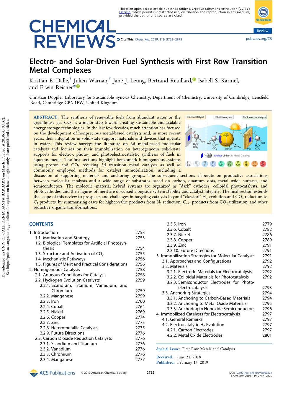 And Solar-Driven Fuel Synthesis with First Row Transition Metal Complexes † † Kristian E