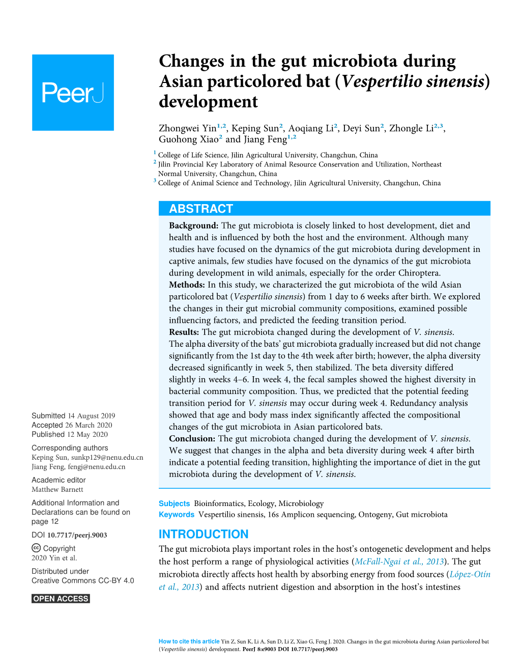 Changes in the Gut Microbiota During Asian Particolored Bat (Vespertilio Sinensis) Development