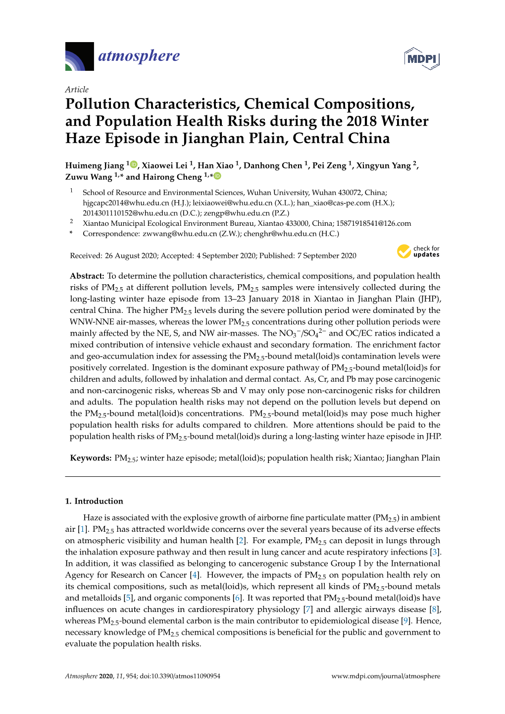 Pollution Characteristics, Chemical Compositions, and Population Health Risks During the 2018 Winter Haze Episode in Jianghan Plain, Central China