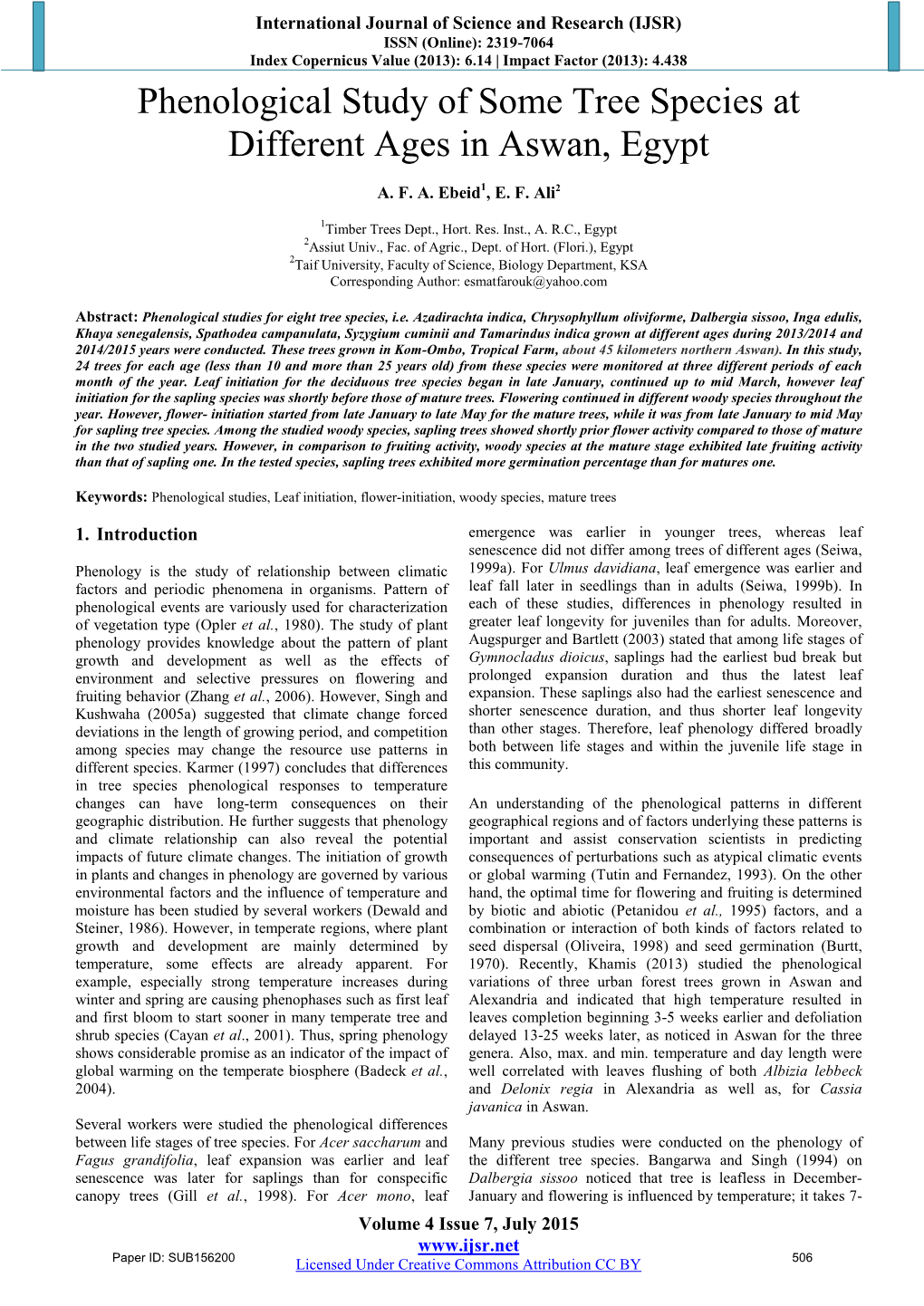 Phenological Study of Some Tree Species at Different Ages in Aswan, Egypt