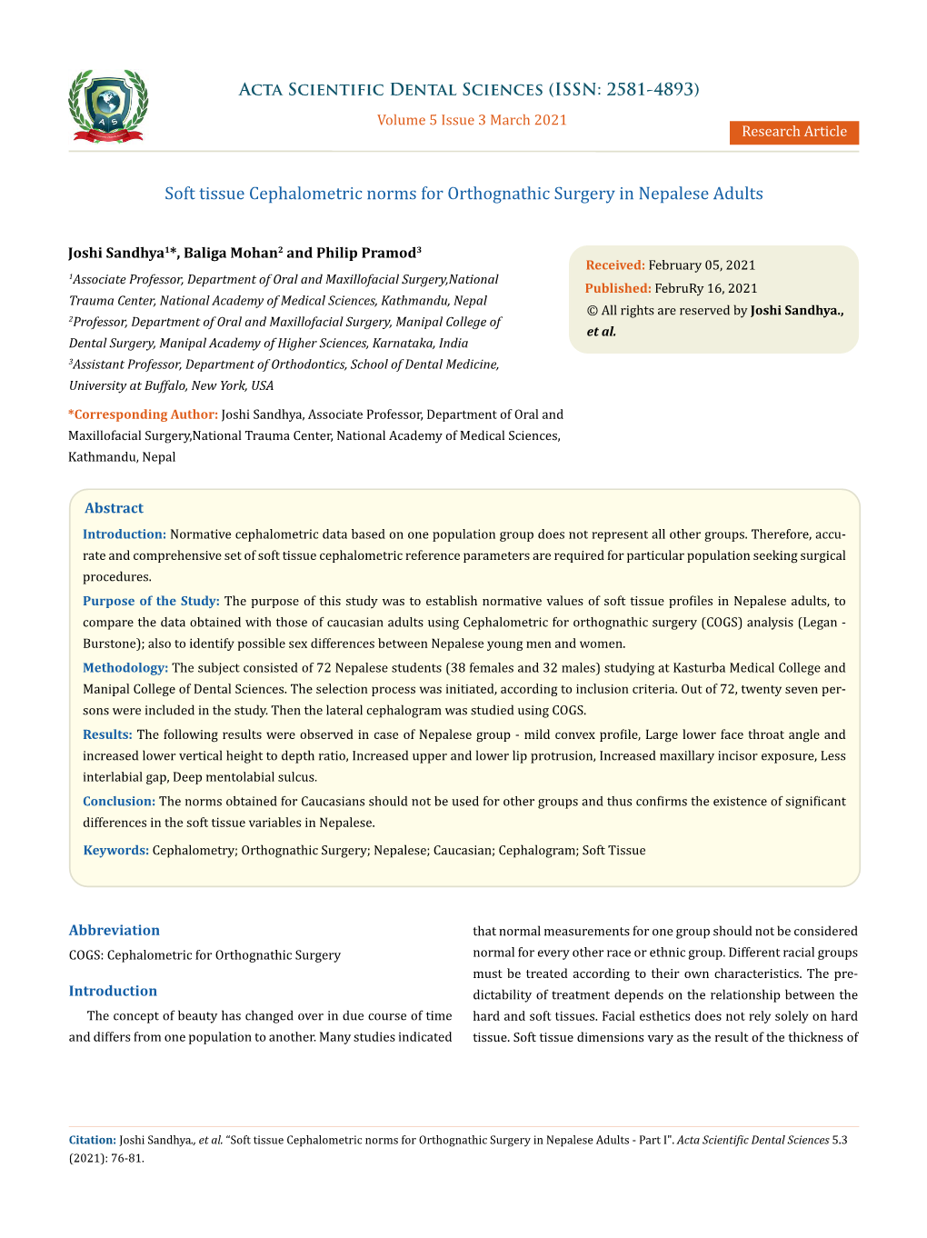 Soft Tissue Cephalometric Norms for Orthognathic Surgery in Nepalese Adults