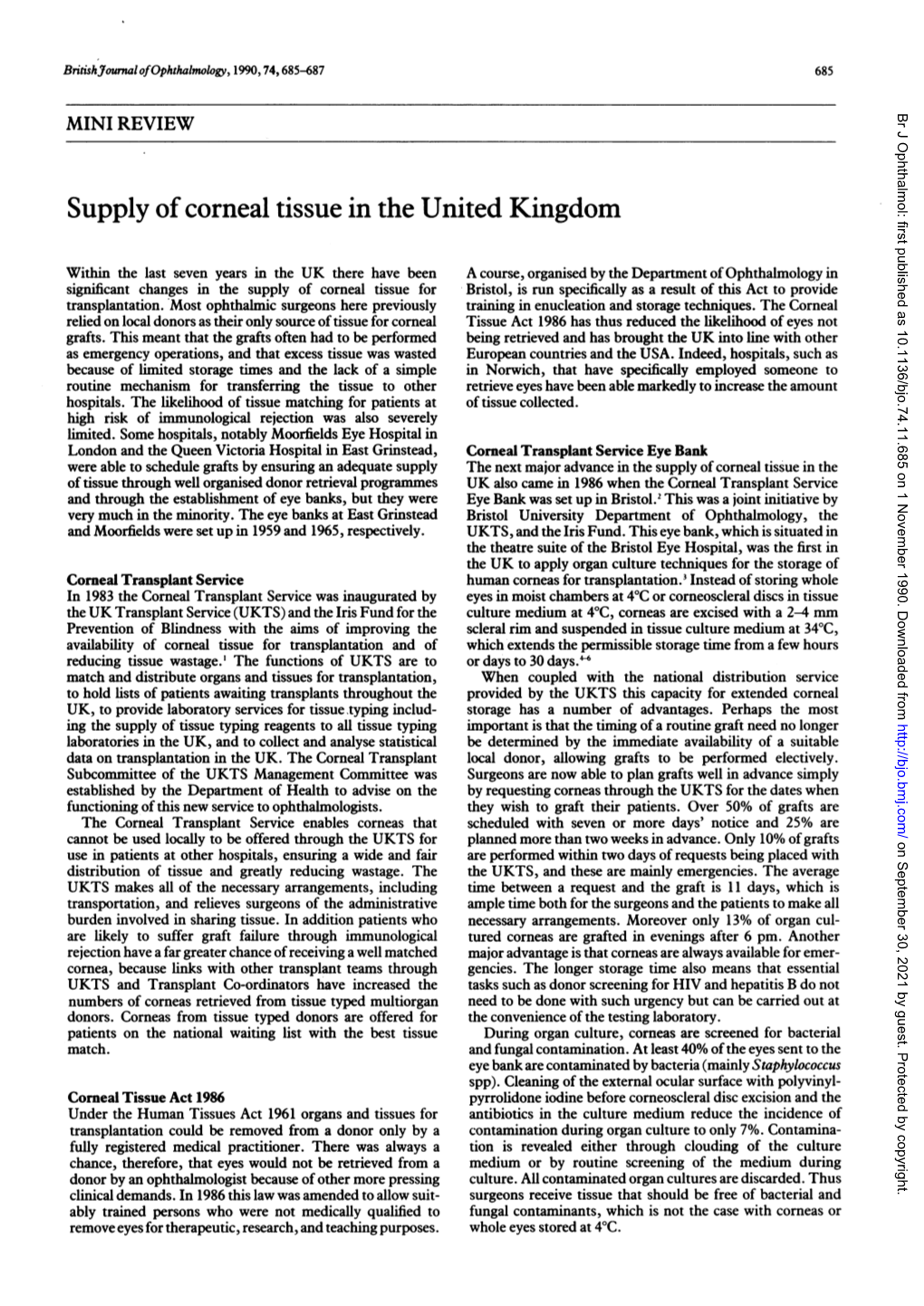 Supply Ofcorneal Tissue in the United Kingdom