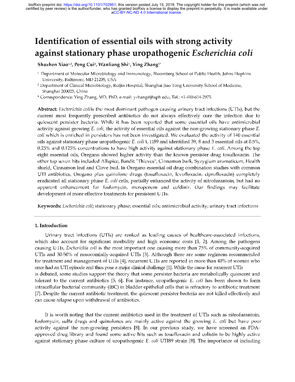 Identification of Essential Oils with Strong Activity Against Stationary Phase Uropathogenic Escherichia Coli