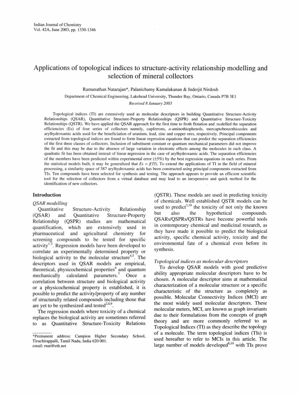 Applications of Topological Indices to Structure-Activity Relationship Modelling and Selection of Mineral Collectors