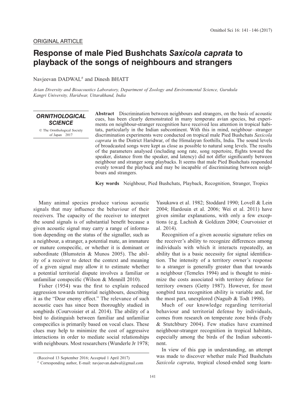 Response of Male Pied Bushchats Saxicola Caprata to Playback of the Songs of Neighbours and Strangers