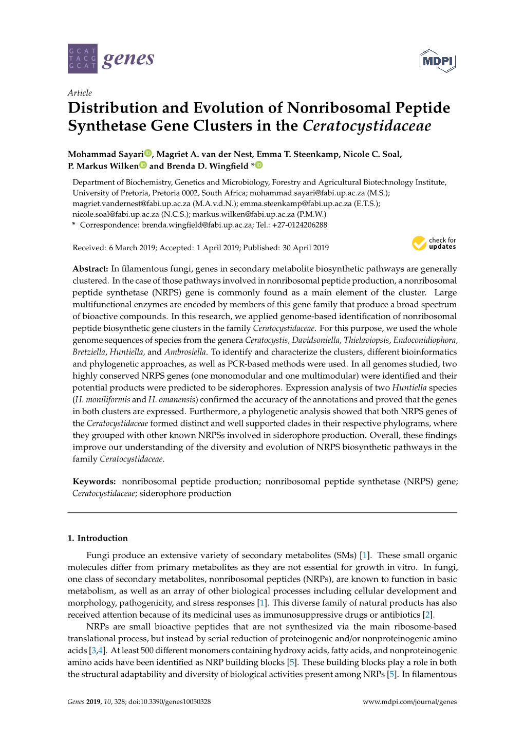 Distribution and Evolution of Nonribosomal Peptide Synthetase Gene Clusters in the Ceratocystidaceae