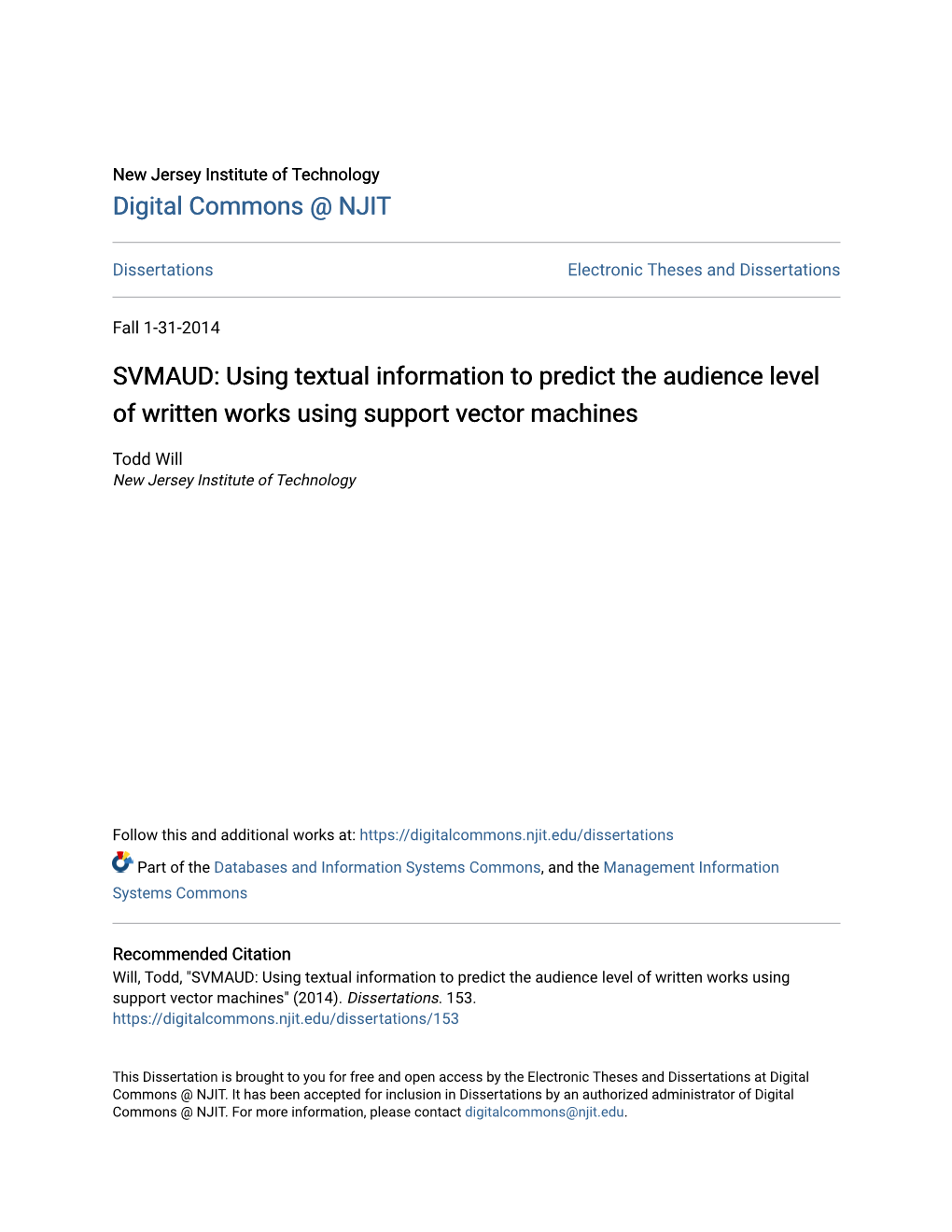 Using Textual Information to Predict the Audience Level of Written Works Using Support Vector Machines