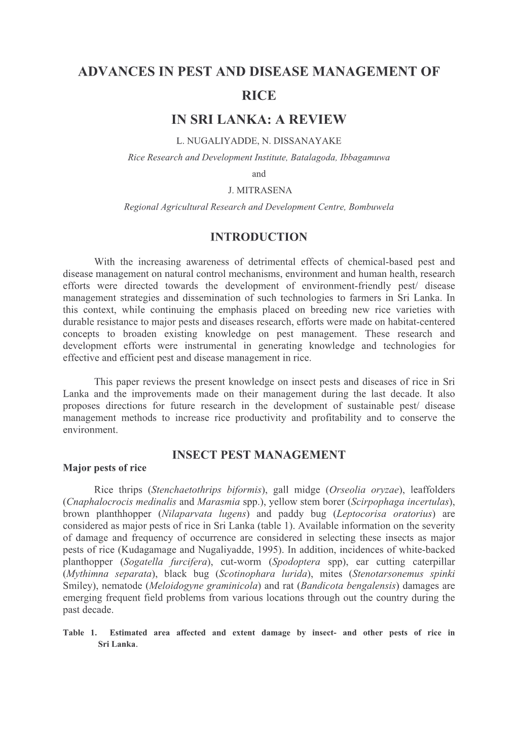 Advances in Pest and Disease Management of Rice in Sri Lanka: a Review