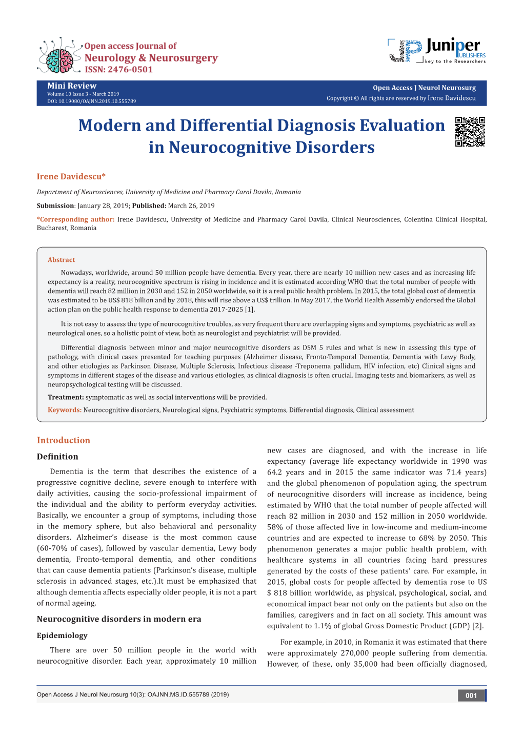 Modern and Differential Diagnosis Evaluation in Neurocognitive Disorders