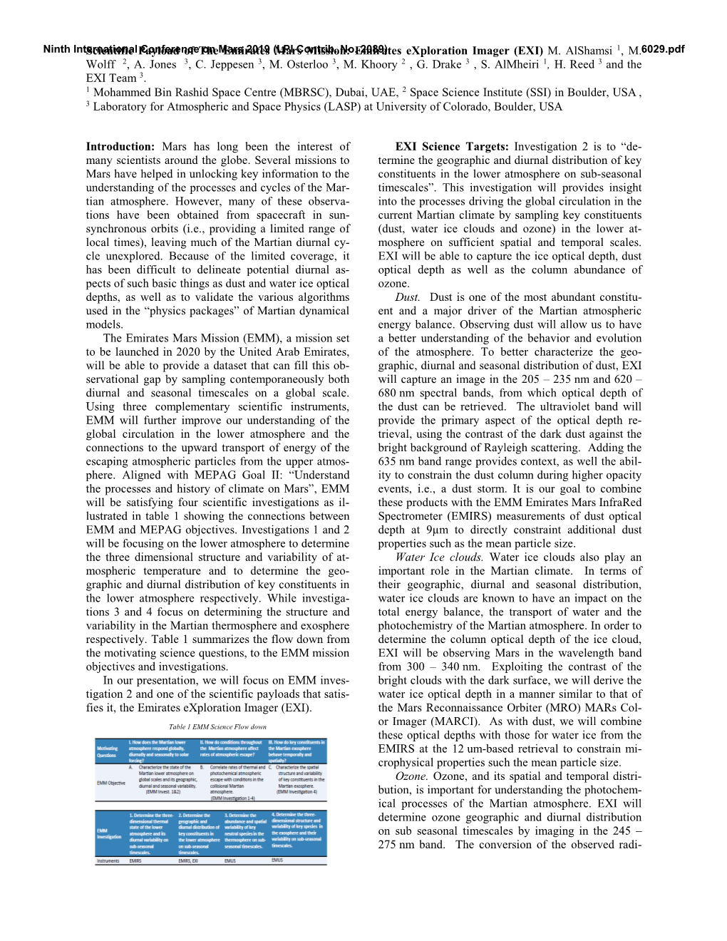 Scientific Payload of the Emirates Mars Mission: Emirates Exploration Imager (EXI) M. Alshamsi 1, M. Wolff 2, A. Jones 3, C. J