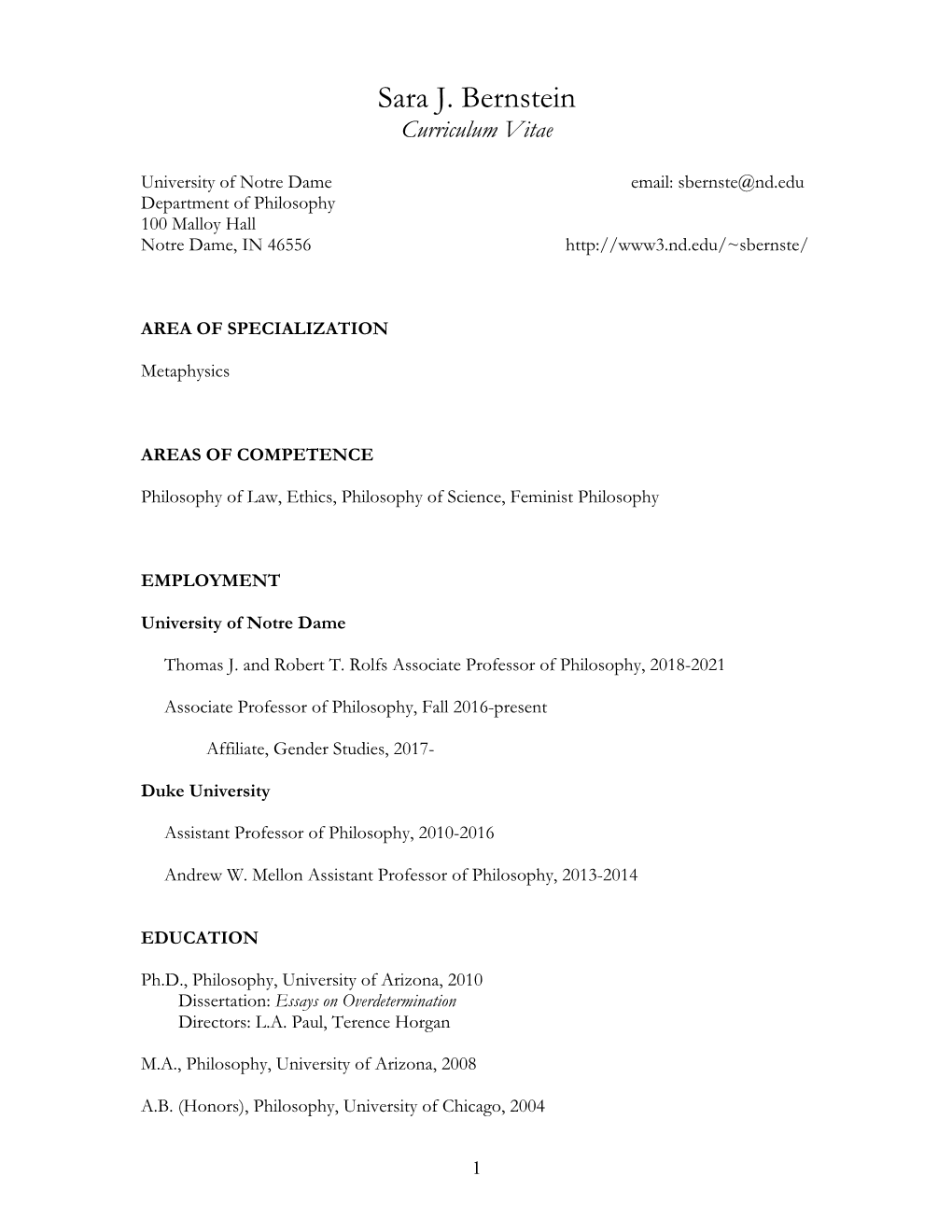 Sara J. Bernstein Curriculum Vitae