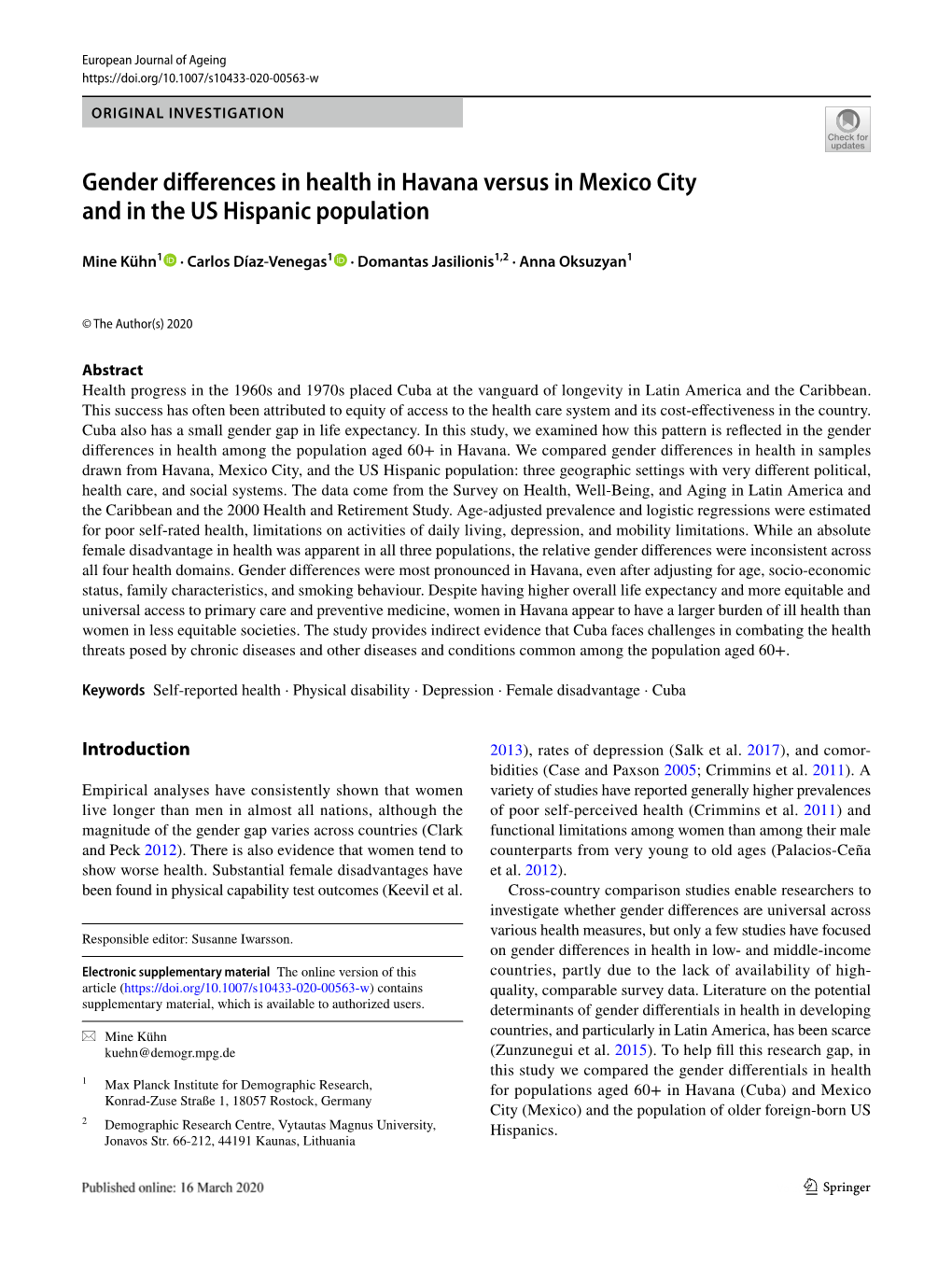 Gender Differences in Health in Havana Versus in Mexico City And