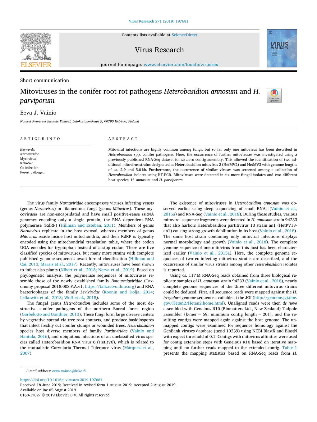 Mitoviruses in the Conifer Root Rot Pathogens Heterobasidion Annosum and H. Parviporum