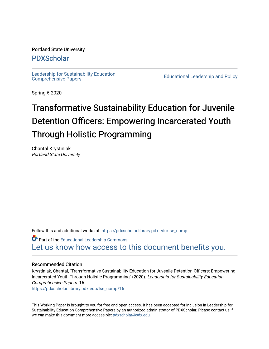 Transformative Sustainability Education for Juvenile Detention Officers: Empowering Incarcerated Youth Through Holistic Programming