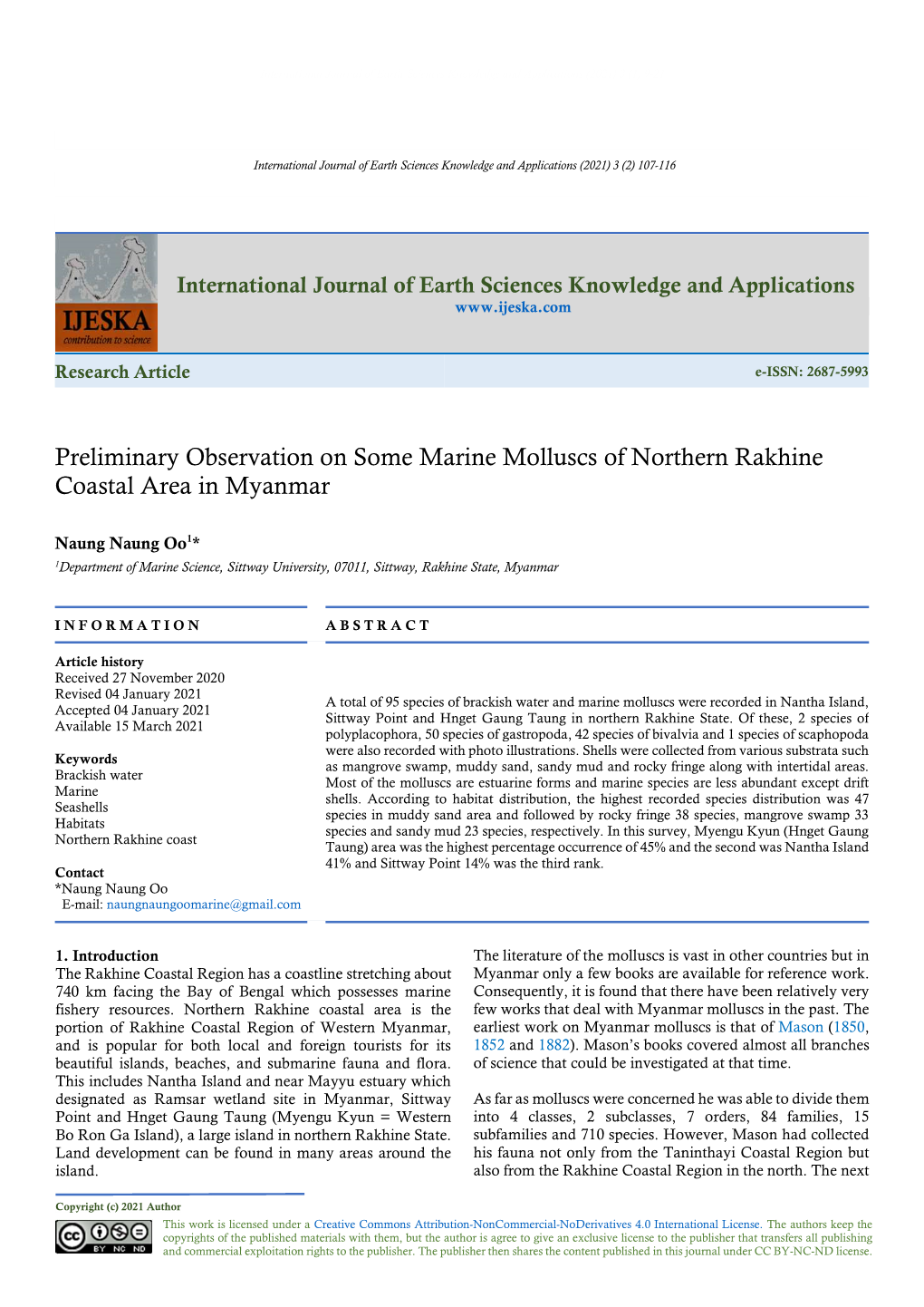 Preliminary Observation on Some Marine Molluscs of Northern Rakhine Coastal Area in Myanmar