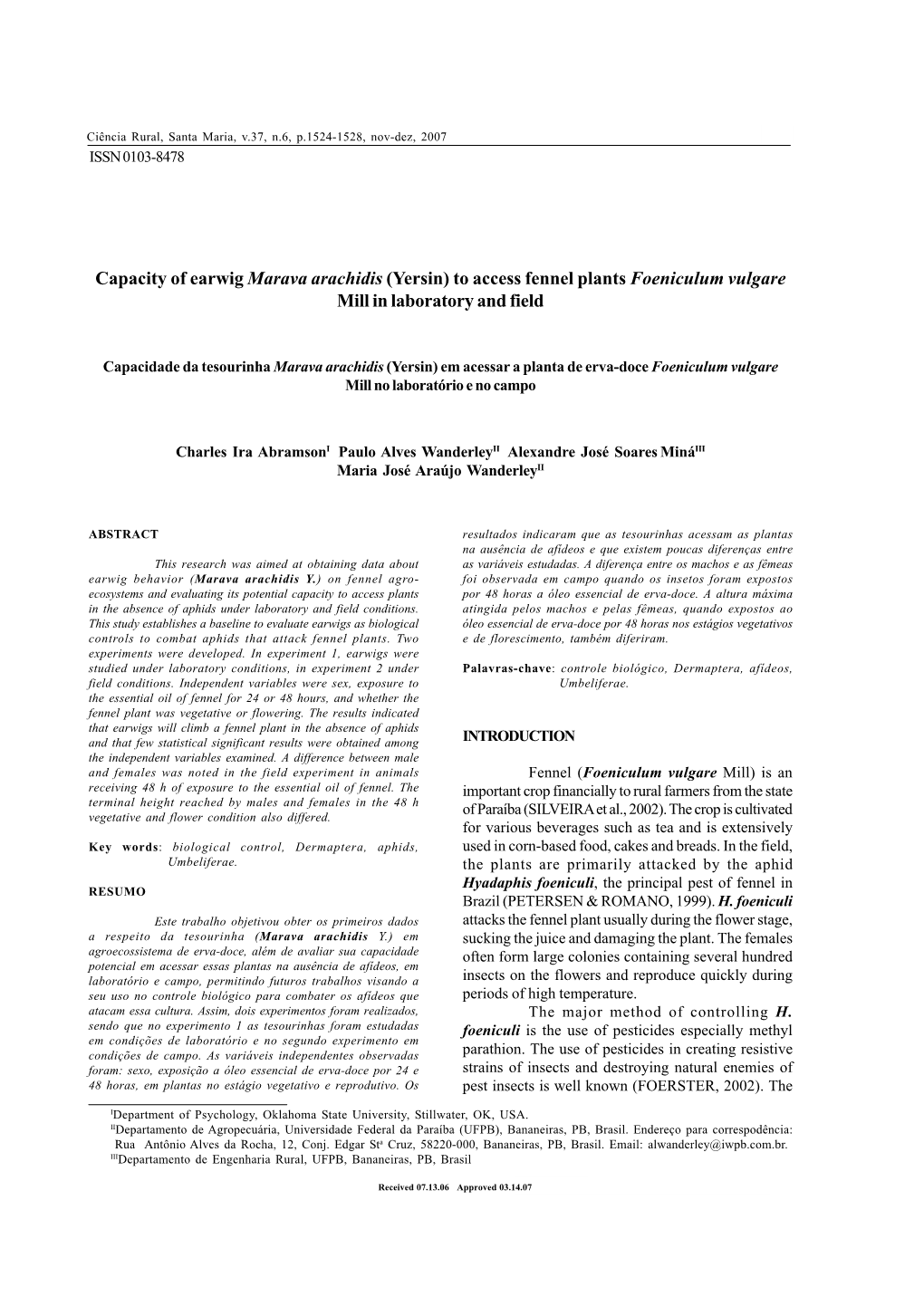 Capacity of Earwig Marava Arachidis (Yersin) to Access Fennel Plants Foeniculum Vulgare Mill in Laboratory and Field