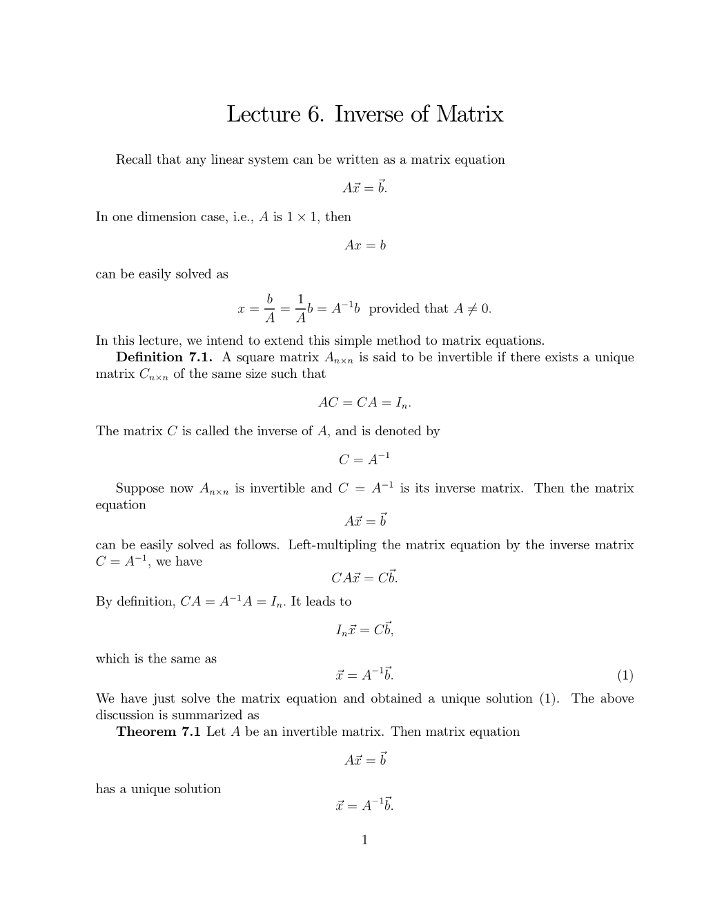 Lecture 6. Inverse of Matrix