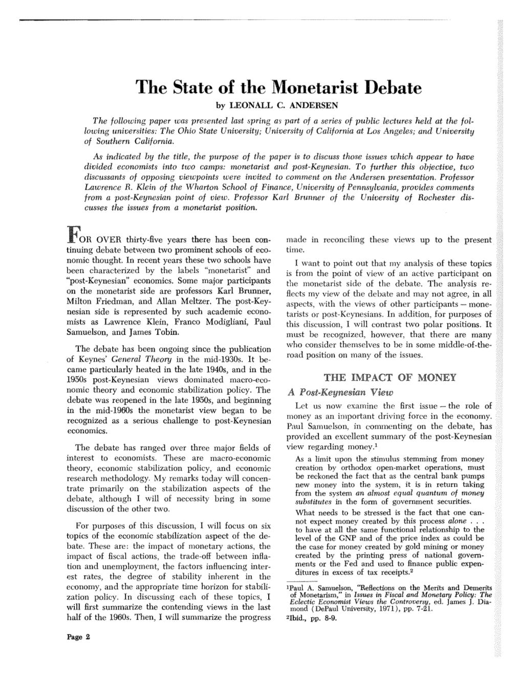 The State of the Monetarist Debate by LEONALL C