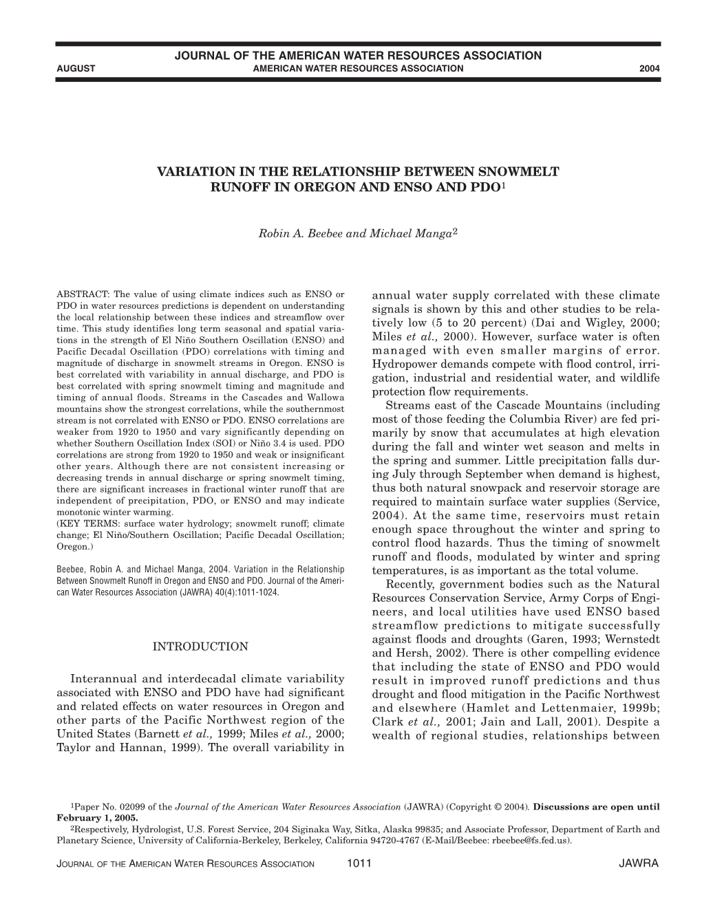 Variation in the Relationship Between Snowmelt Runoff in Oregon and Enso and Pdo1