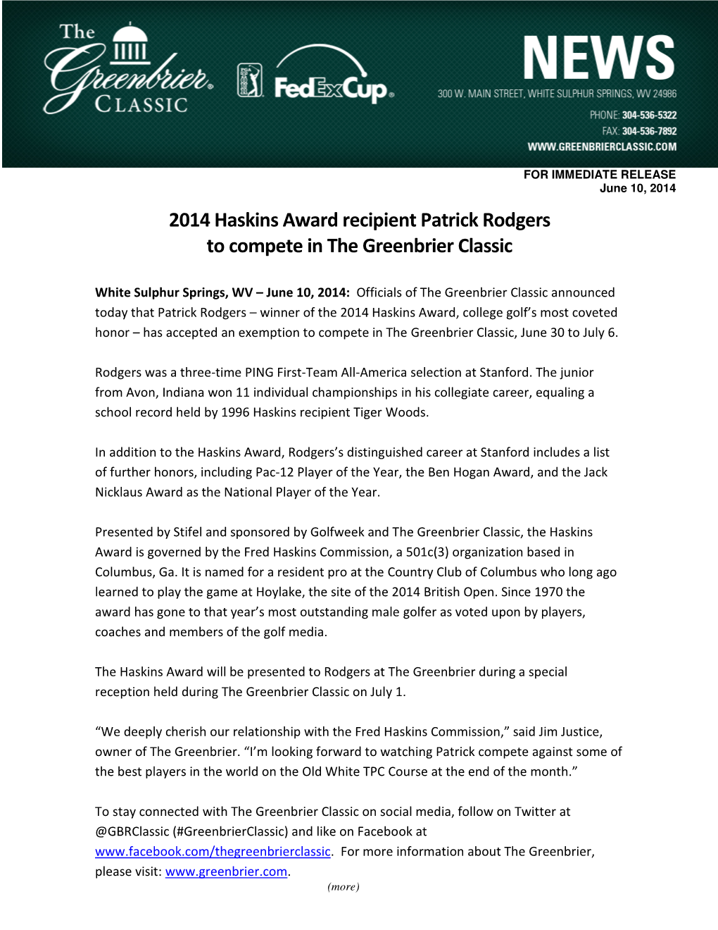 2014 Haskins Award Recipient Patrick Rodgers to Compete in the Greenbrier Classic