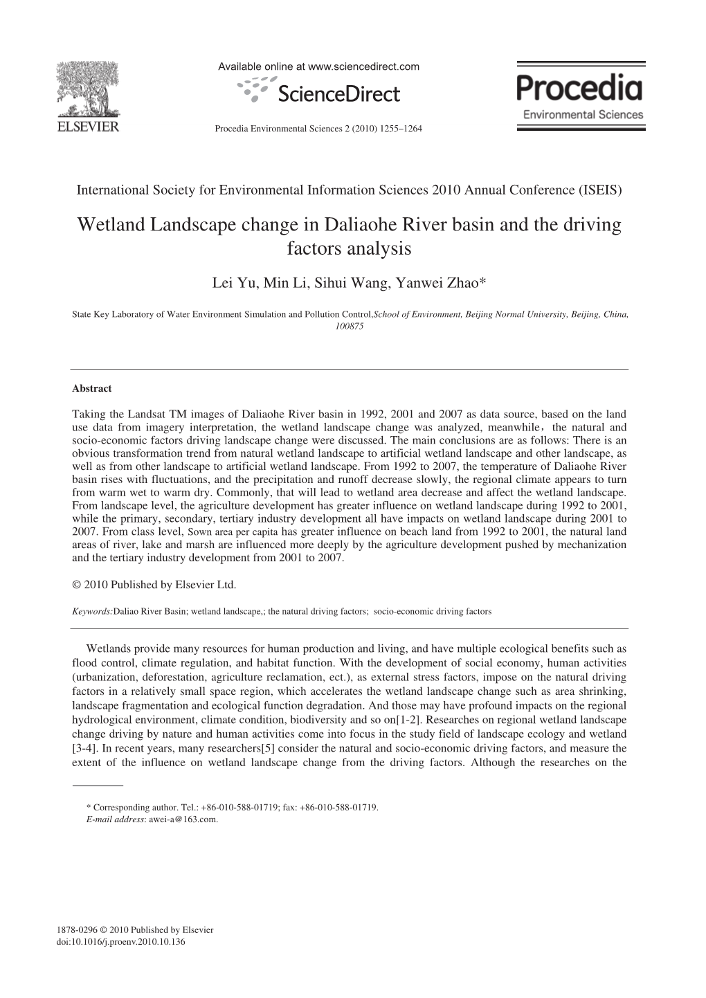 Wetland Landscape Change in Daliaohe River Basin and the Driving Factors Analysis