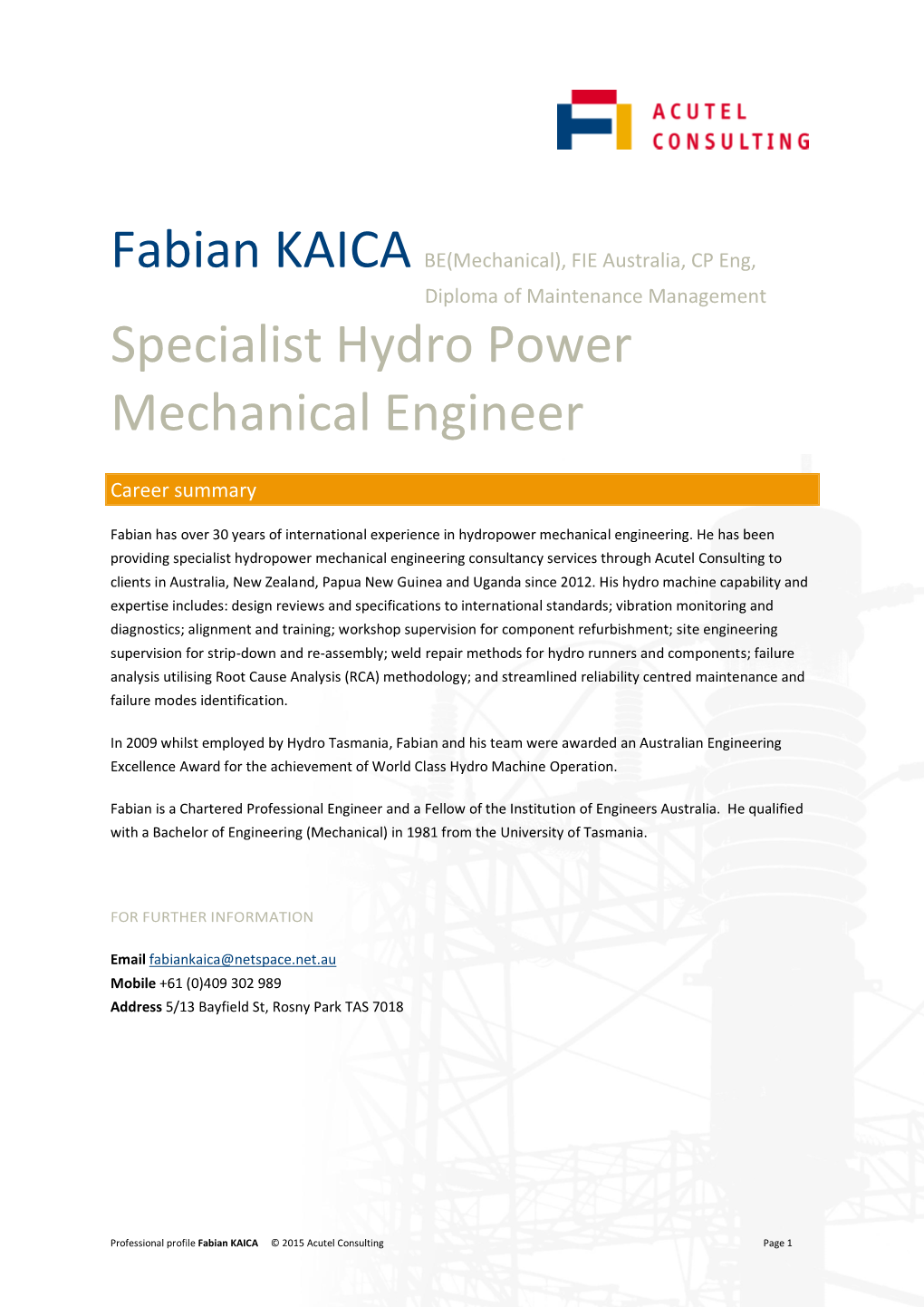 Specialist Hydro Power Mechanical Engineer
