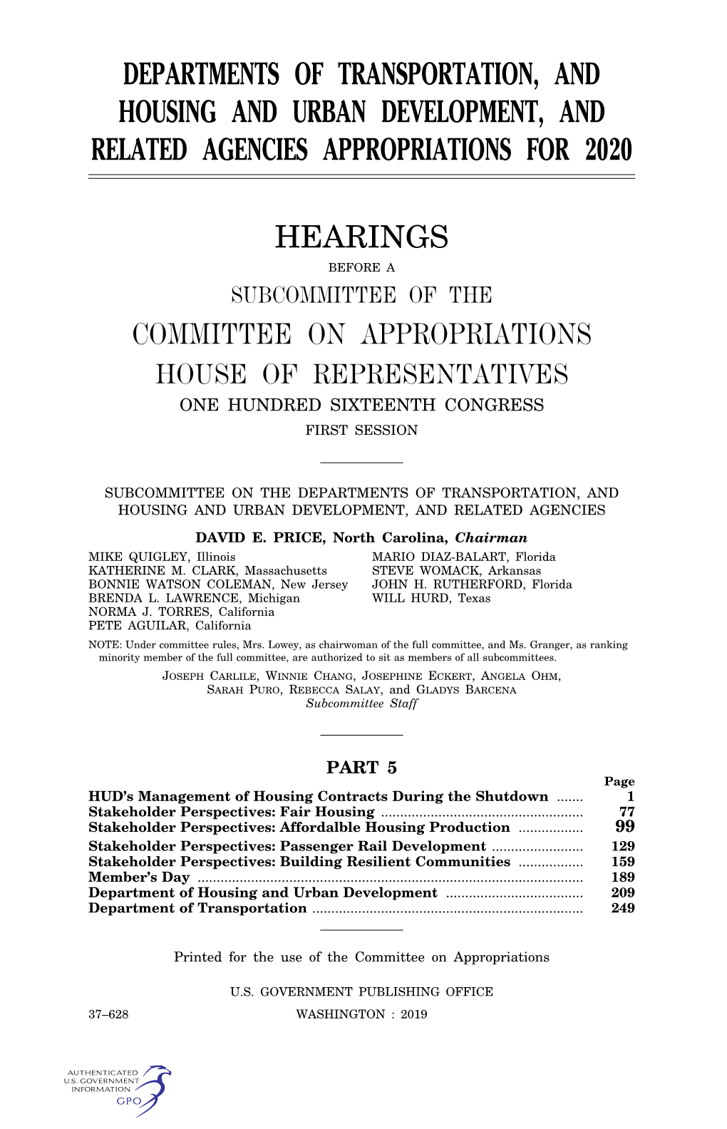 Departments of Transportation, and Housing and Urban Development, and Related Agencies Appropriations for 2020 Hearings Committe