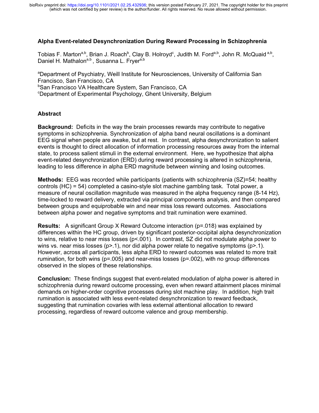 Alpha Event-Related Desynchronization During Reward Processing in Schizophrenia