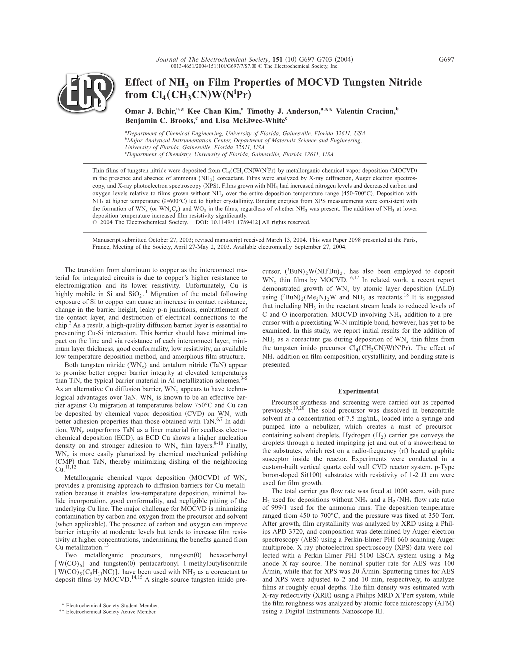 Effect of NH3 on Film Properties of MOCVD Tungsten Nitride from Cl4