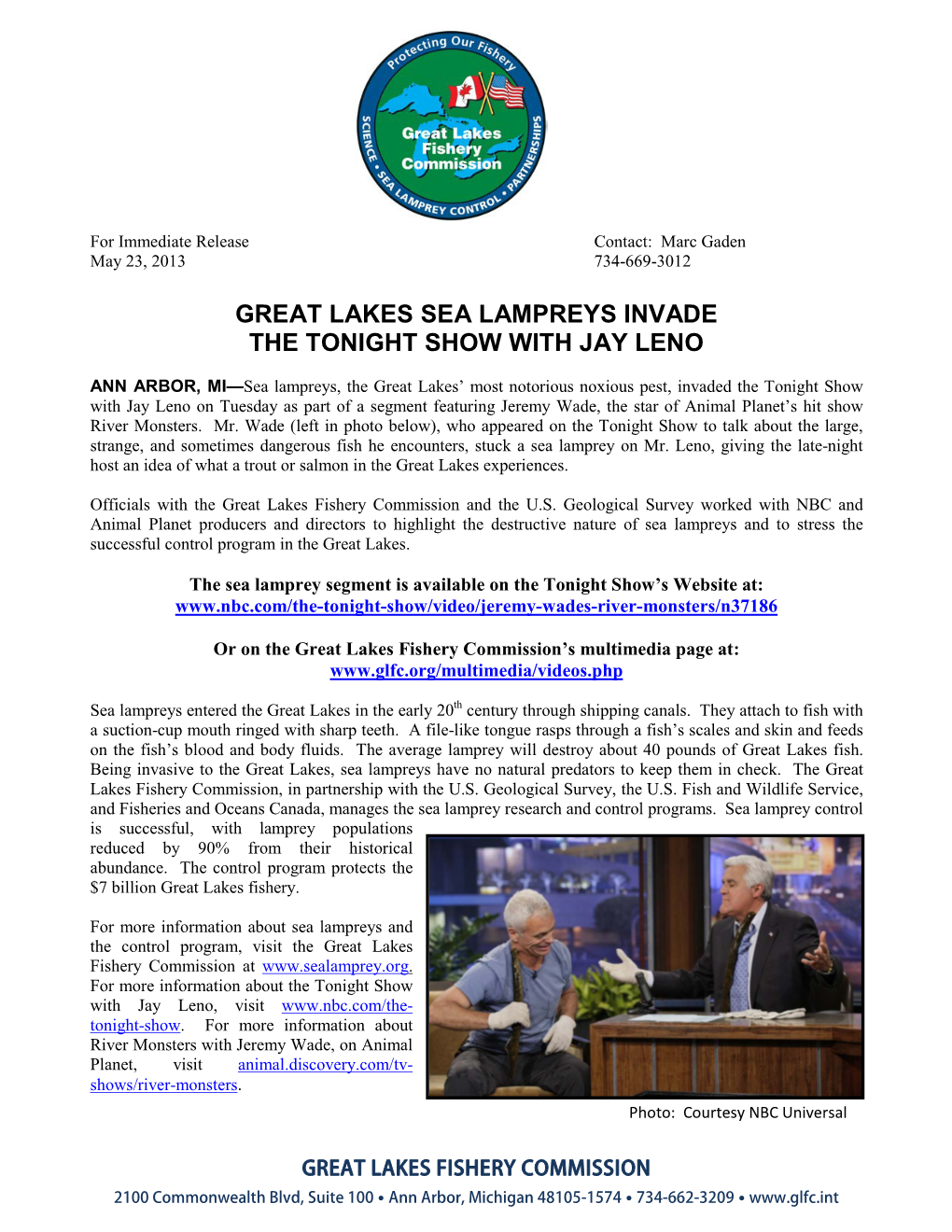 Great Lakes Sea Lampreys Invade the Tonight Show with Jay Leno