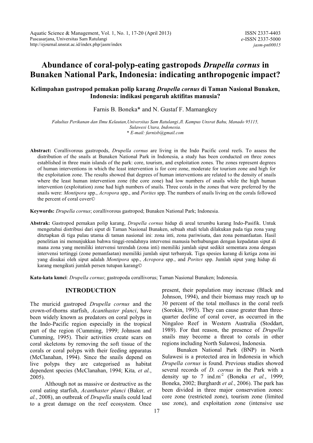 Abundance of Coral-Polyp-Eating Gastropods Drupella Cornus in Bunaken National Park, Indonesia: Indicating Anthropogenic Impact?