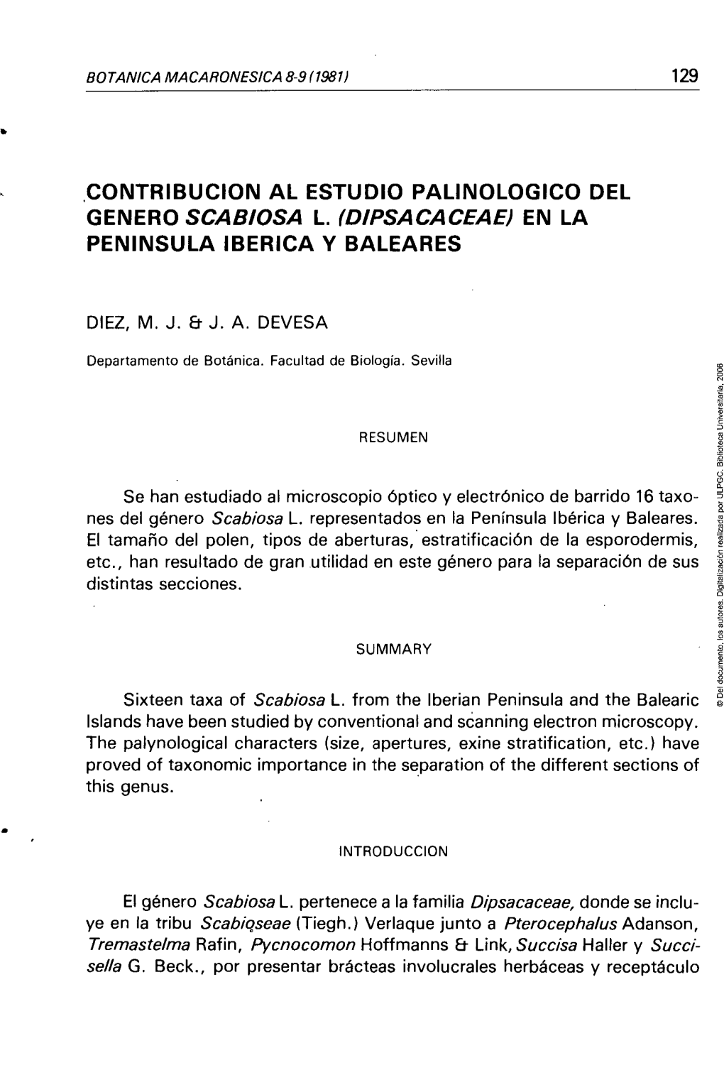Dipsacaceae) En La Península Ibérica Y Baleares