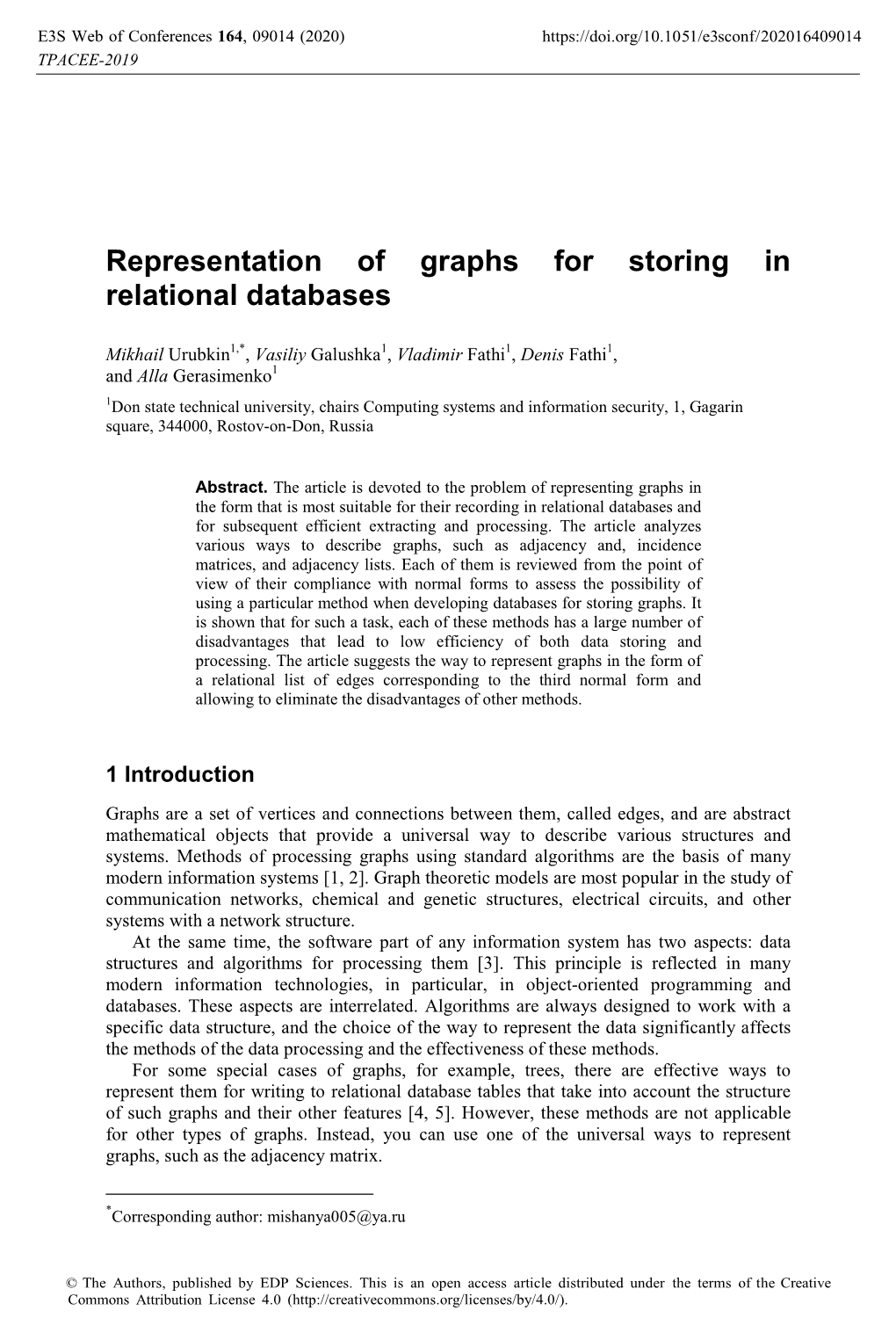 Representation of Graphs for Storing in Relational Databases