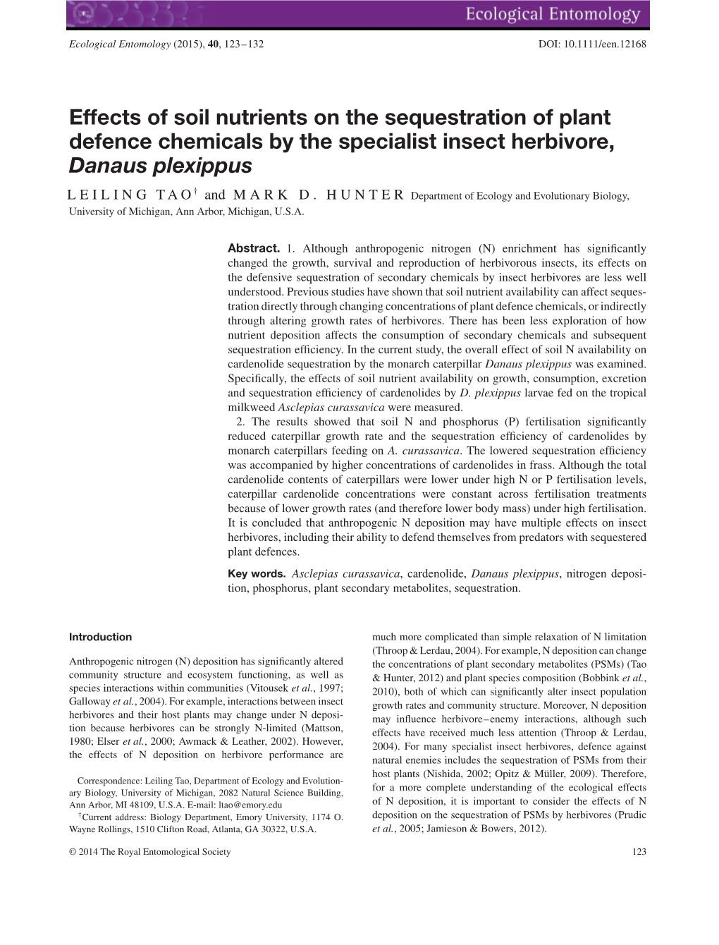 Effects of Soil Nutrients on the Sequestration of Plant Defence Chemicals by the Specialist Insect Herbivore, Danaus Plexippus