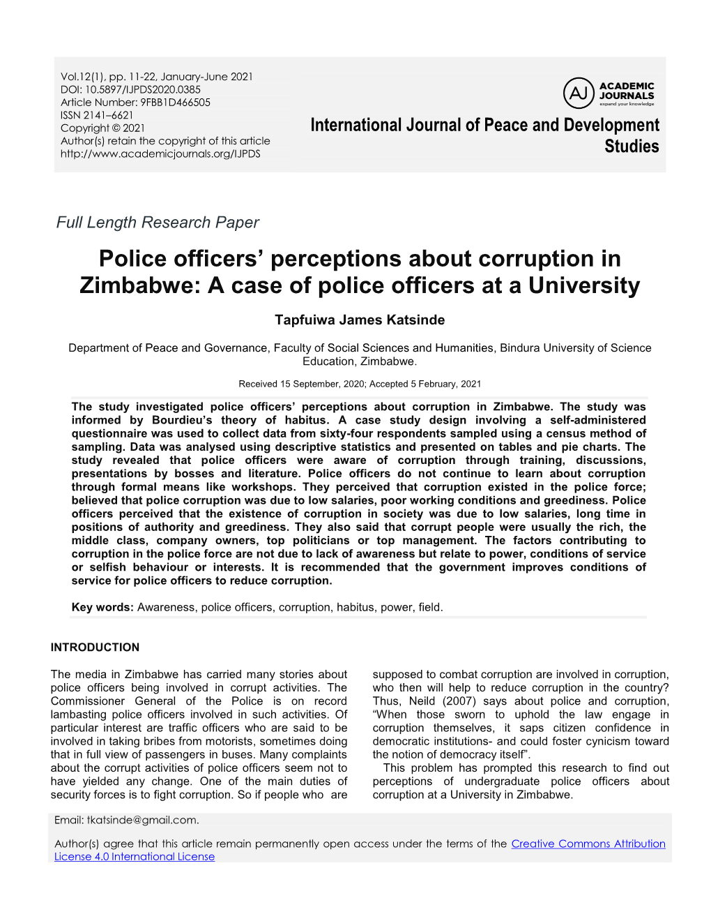 Police Officers' Perceptions About Corruption in Zimbabwe