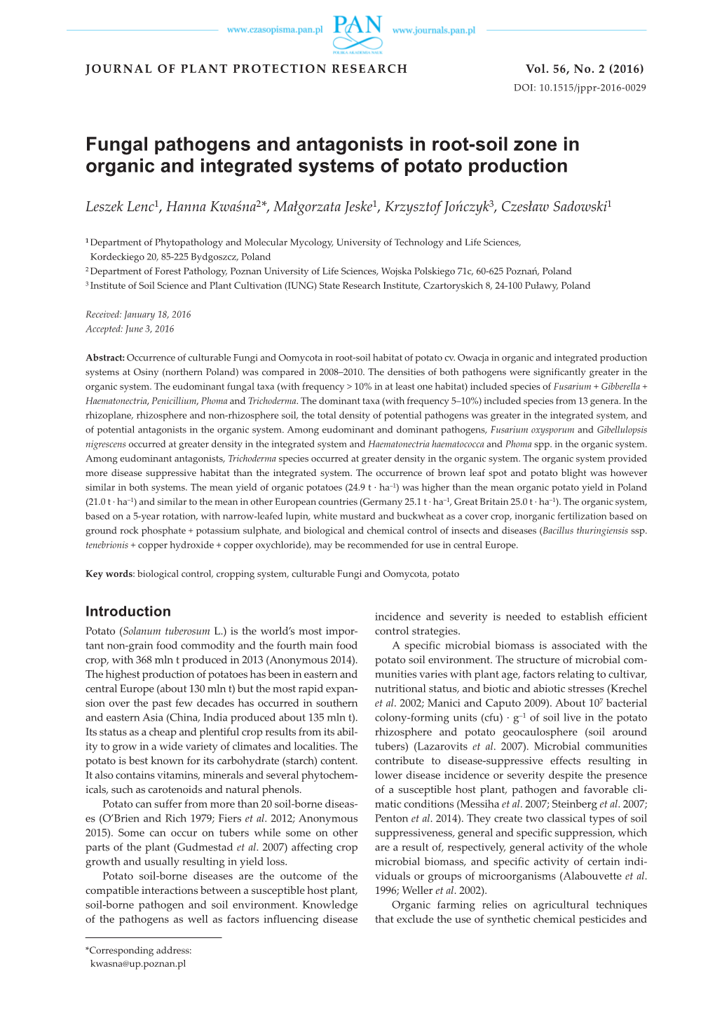 Fungal Pathogens and Antagonists in Root-Soil Zone in Organic and Integrated Systems of Potato Production