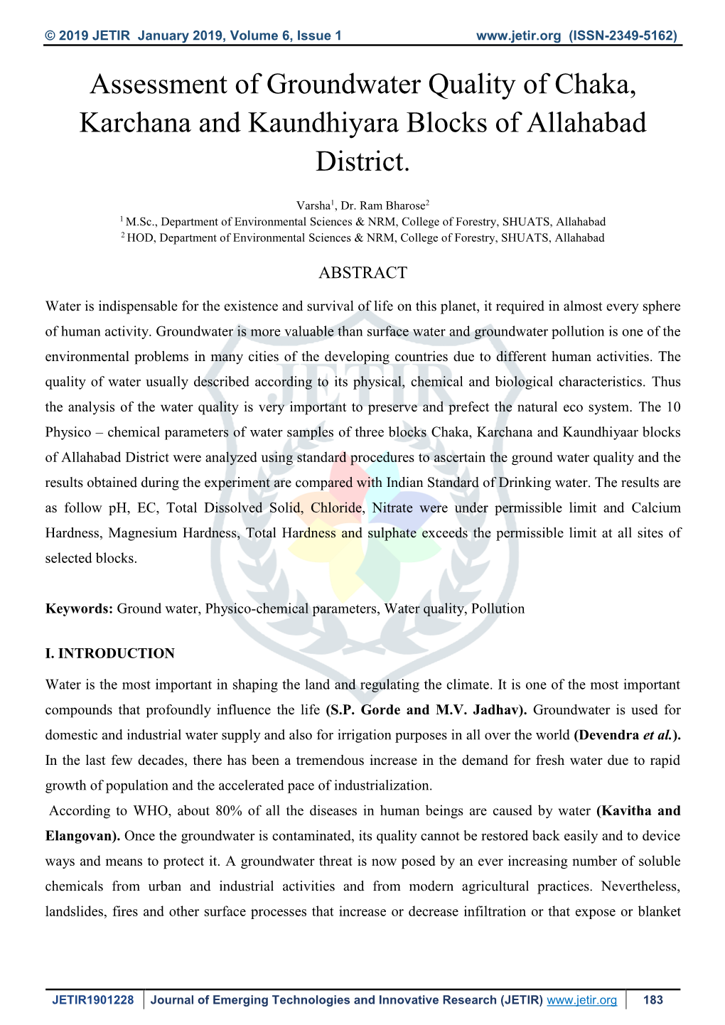 Assessment of Groundwater Quality of Chaka, Karchana and Kaundhiyara Blocks of Allahabad District
