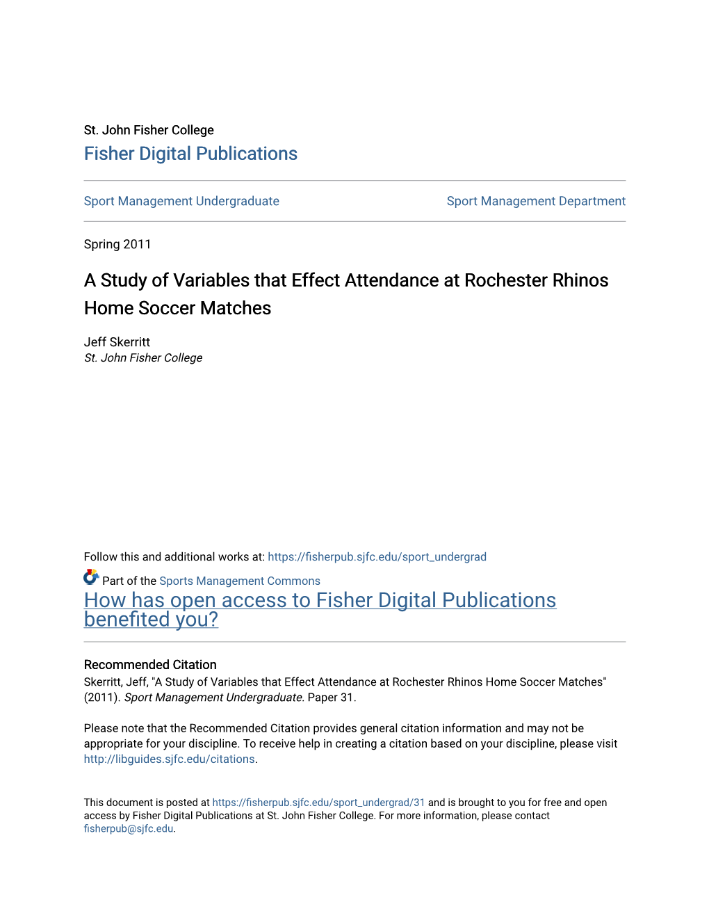 A Study of Variables That Effect Attendance at Rochester Rhinos Home Soccer Matches