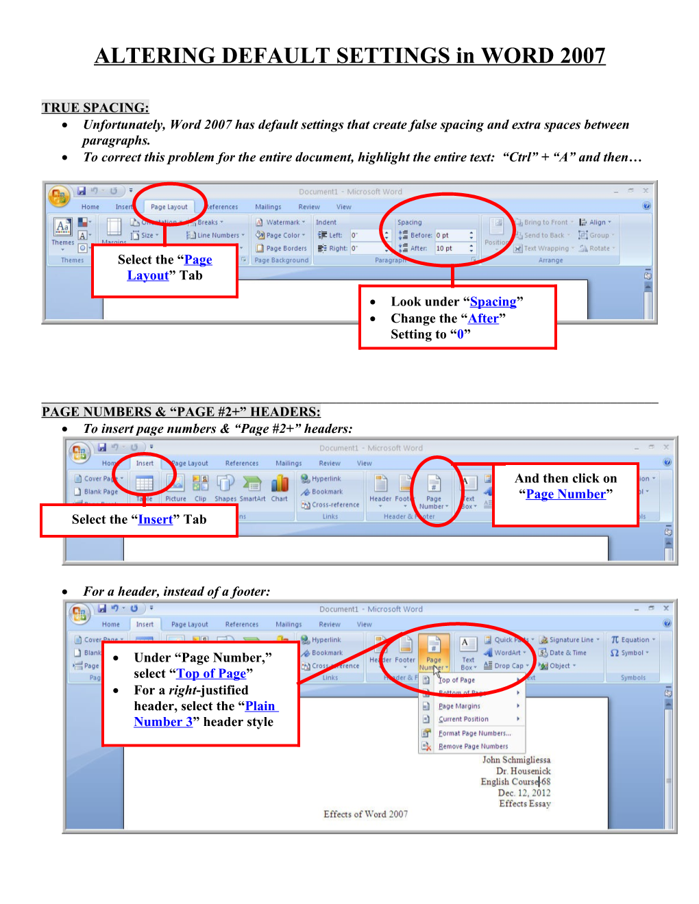 ALTERING DEFAULT SETTINGS in WORD 2007