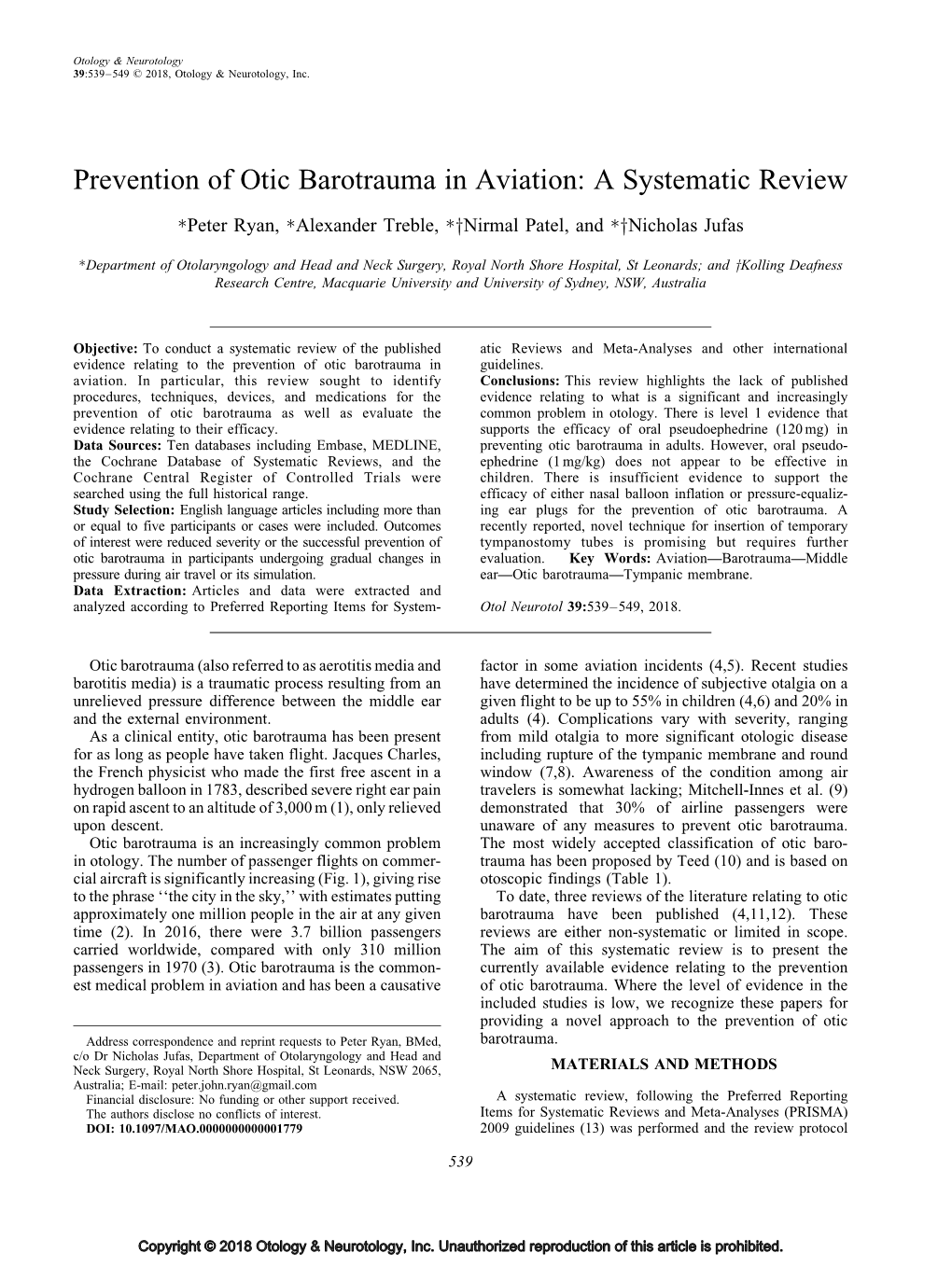 Prevention of Otic Barotrauma in Aviation: a Systematic Review