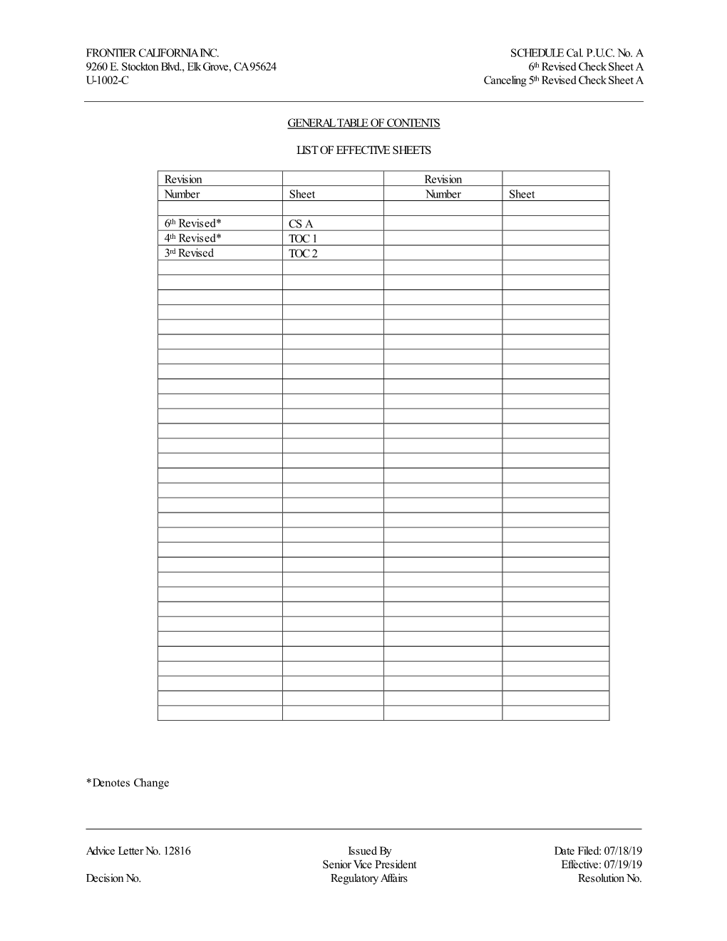 FRONTIER CALIFORNIA INC. SCHEDULE Cal. P.U.C. No. a 9260 E. Stockton Blvd., Elk Grove, CA 95624 6Th Revised Check Sheet a U-1002