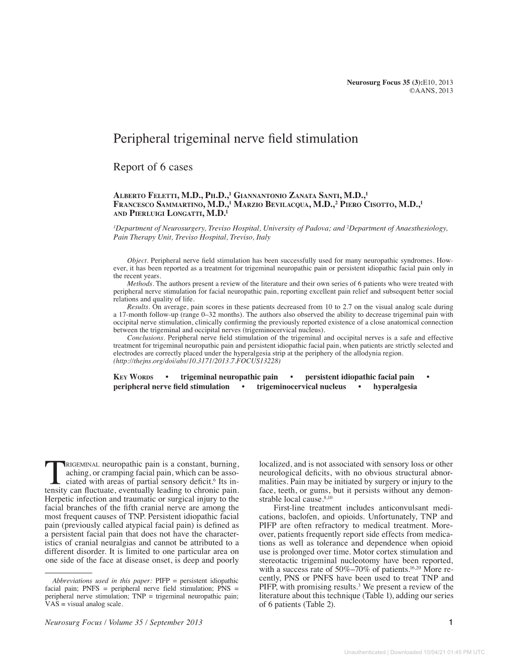 Peripheral Trigeminal Nerve Field Stimulation