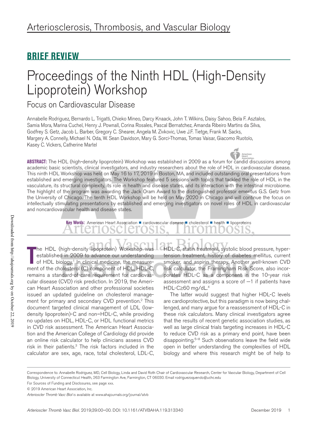 Proceedings of the Ninth HDL (High-Density Lipoprotein) Workshop Focus on Cardiovascular Disease