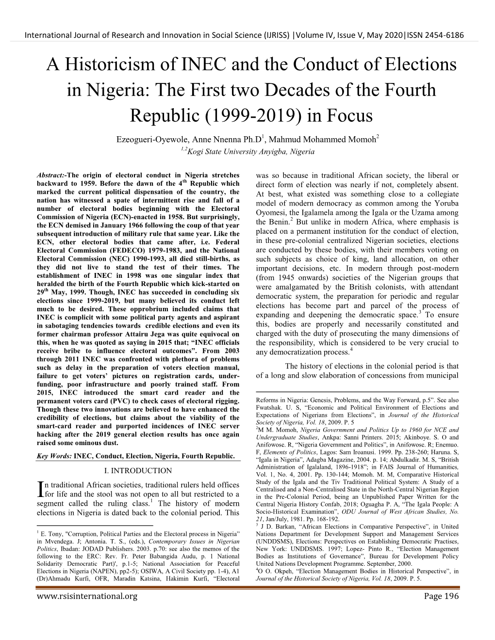 A Historicism of INEC and the Conduct of Elections in Nigeria: the First Two Decades of the Fourth Republic (1999-2019) in Focus