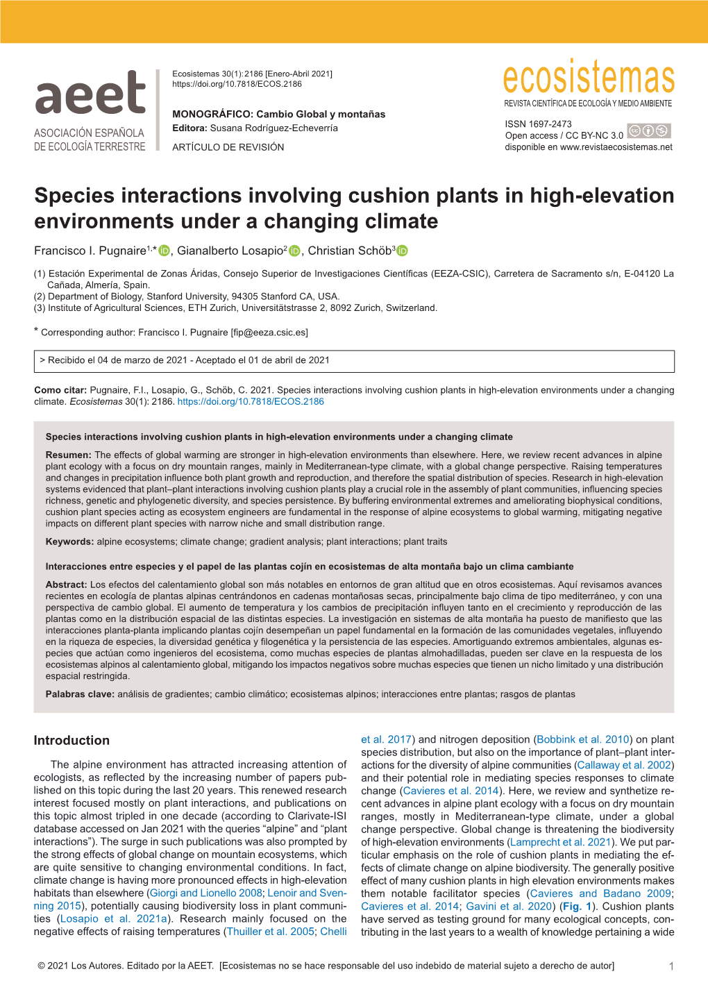 Species Interactions Involving Cushion Plants in High-Elevation Environments Under a Changing Climate Francisco I