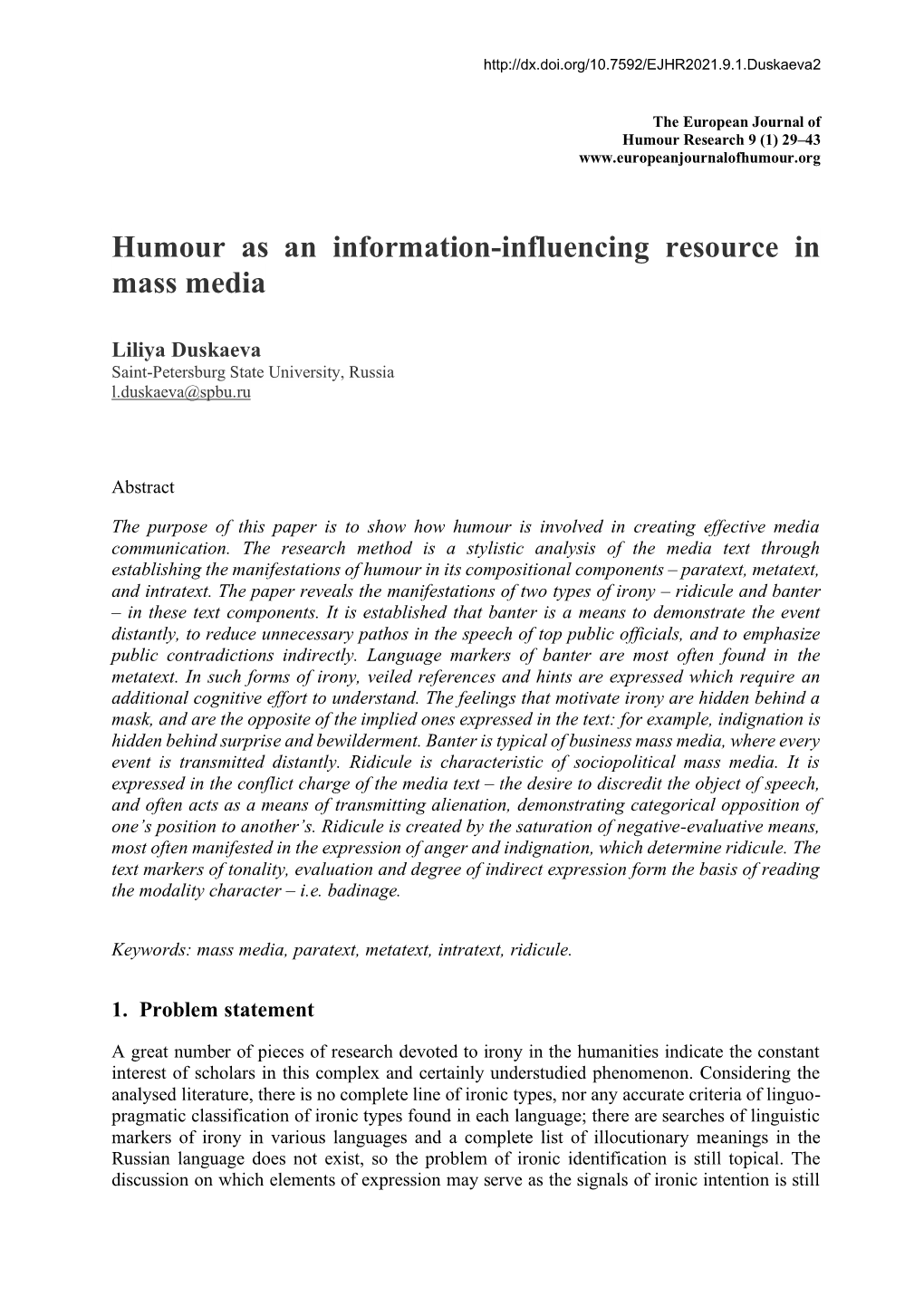 Humour As an Information-Influencing Resource in Mass Media