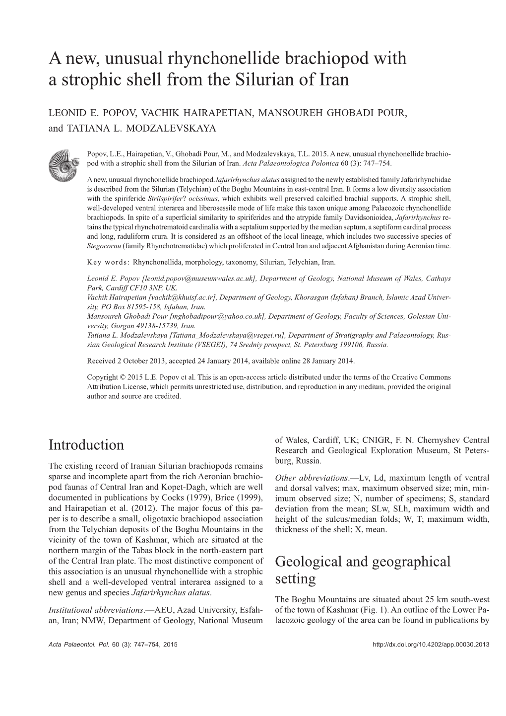 A New, Unusual Rhynchonellide Brachiopod with a Strophic Shell from the Silurian of Iran