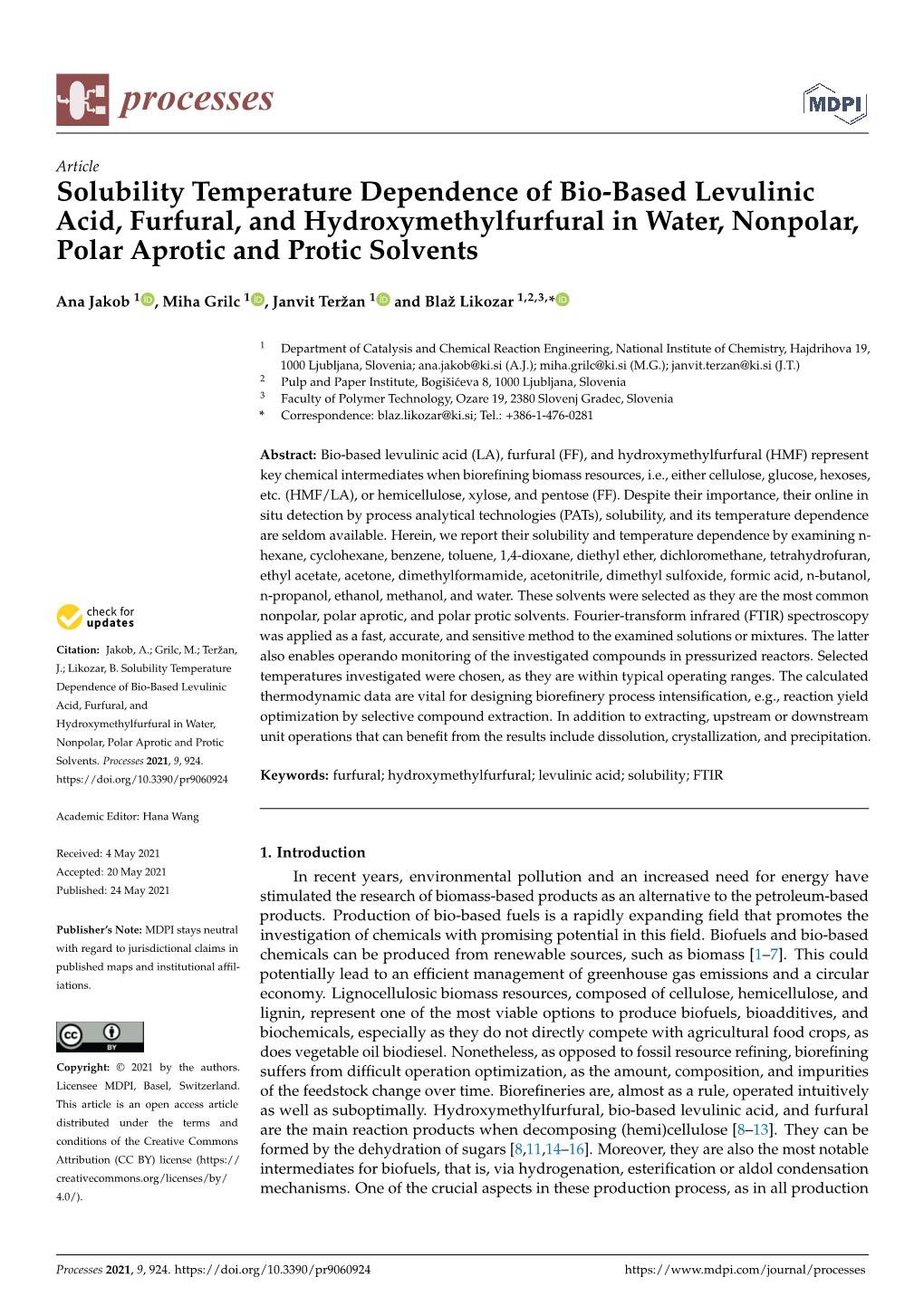 Solubility Temperature Dependence of Bio-Based Levulinic Acid, Furfural, and Hydroxymethylfurfural in Water, Nonpolar, Polar Aprotic and Protic Solvents